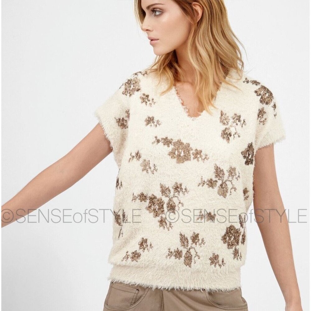 Brunello Cucinelli Women's Sweater Vest Metallic Floral Embroidery Knit …